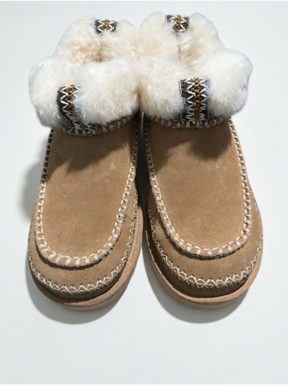 UGG Tan Suede Shearling-Cuff Slip-On Mules